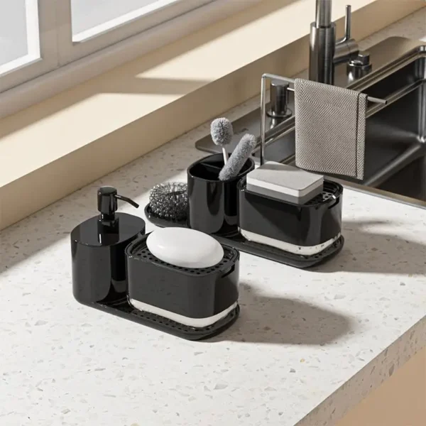 3 In 1 Kitchen Soap Dispenser Liquid Soap Pump Container with Sponge Holder Bathroom Countertop Sink Drain Tray - Image 2