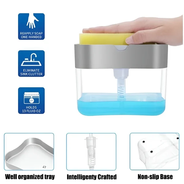 Portable Detergent Dispenser Set for Kitchen Dish Soap Box with Sponge Holder Hand Press Liquid Dispensing Kitchen Tools - Image 5