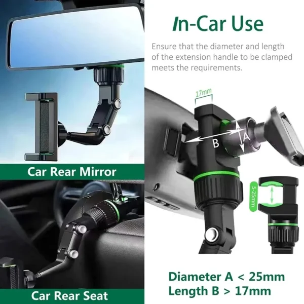 Rearview Mirror Phone Holder, 360° Rotatable and Retractable Car Phone Mount, Multifunctional Rear View Mirror Holder for All Ca - Image 4