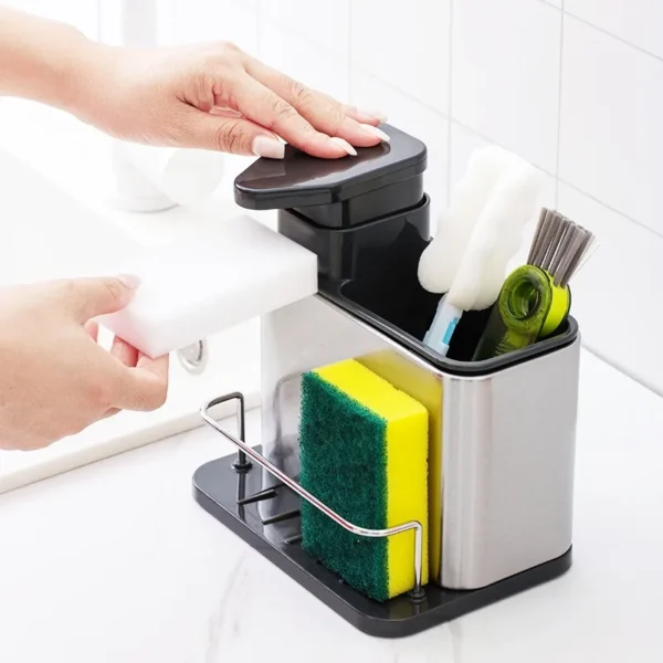 3-in-1 Kitchen Soap Dispenser Sponge Holder Dish Soap Dispenser Stainless Steel Sink Organizer Tray Rustproof Drainer Rack - Image 2