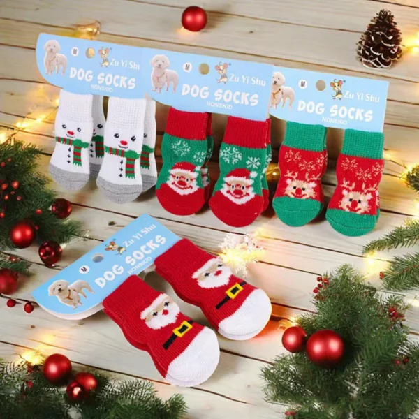 4PCS/set Christmas Pet Socks Pet Shoes Paw Protector Small Knit Warm Cat Socks Durable Soft Puppy Santa Claus Print Foot Cover - Image 4