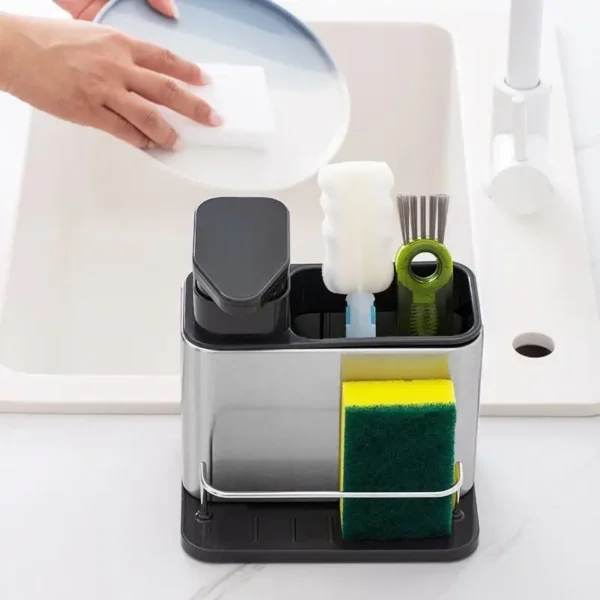 3-In-1 Kitchen Soap Dispenser Sponge Holder Dish Soap Dispenser Stainless Steel Sink Organizer Tray Rustproof Drainer Rack - Image 2