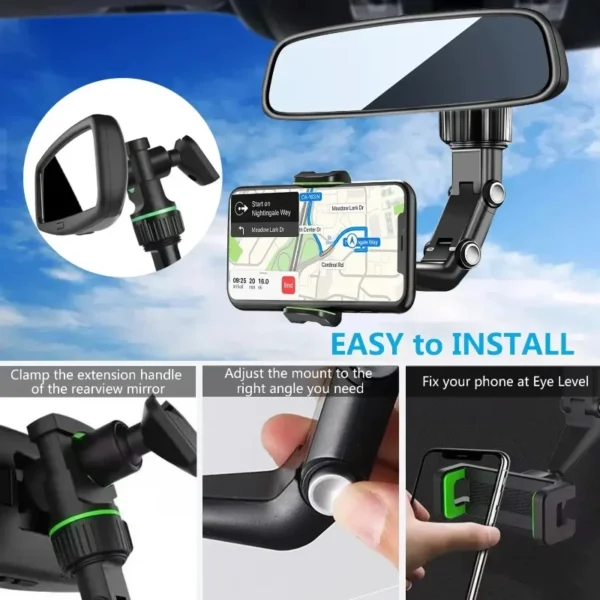 Rearview Mirror Phone Holder, 360° Rotatable and Retractable Car Phone Mount, Multifunctional Rear View Mirror Holder for All Ca - Image 3