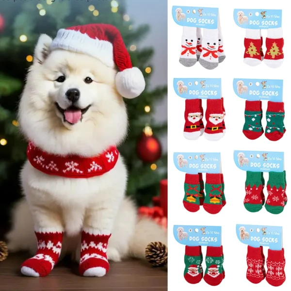 4PCS/set Christmas Pet Socks Pet Shoes Paw Protector Small Knit Warm Cat Socks Durable Soft Puppy Santa Claus Print Foot Cover