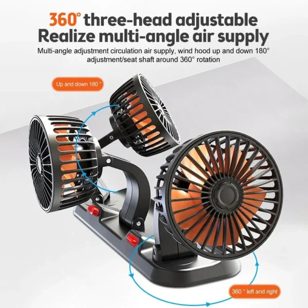 Car Fan 360° Adjustable 3 Head Air Fan Automotive Electric Fan USB/12V/24V Fan 2 Speeds Car Silent Fan For Home Desk Office&Car - Image 2