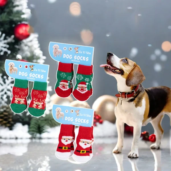 4PCS/set Christmas Pet Socks Pet Shoes Paw Protector Small Knit Warm Cat Socks Durable Soft Puppy Santa Claus Print Foot Cover - Image 2