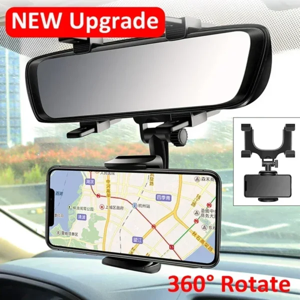 Rear View Mirror Clip Phone Holder Rotatable and Retractable Car Phone Stand for iPhone Samsung All 4-7 Inch Cell Phones DVR/GPS